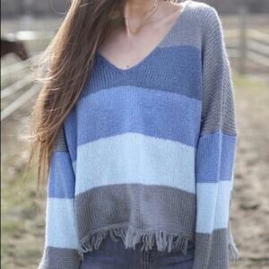 Wooden Ships Kaia Oversized Striped Fringe Boho Coastal V-Neck Sweater